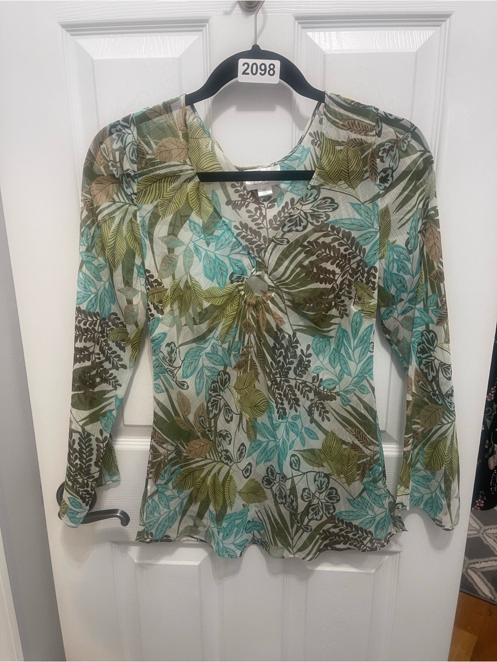 LOFT Tropical Leaf Twist-Front Sheer Blouse in Teal, Green & Brown